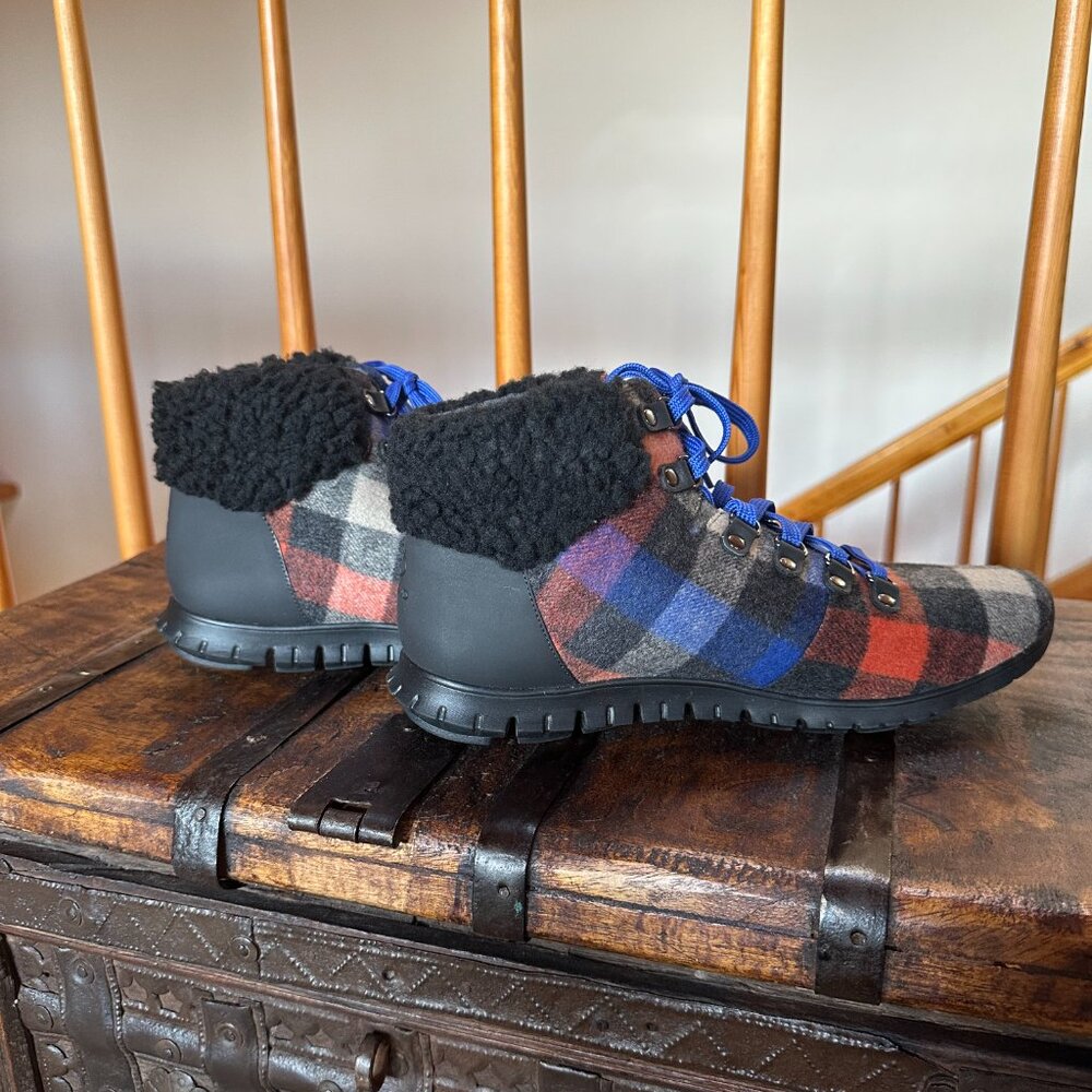 NEW - COLE HAAN ZeroGrand Blue Orange Grey Black Wool Plaid Hiking Boots - 8.5